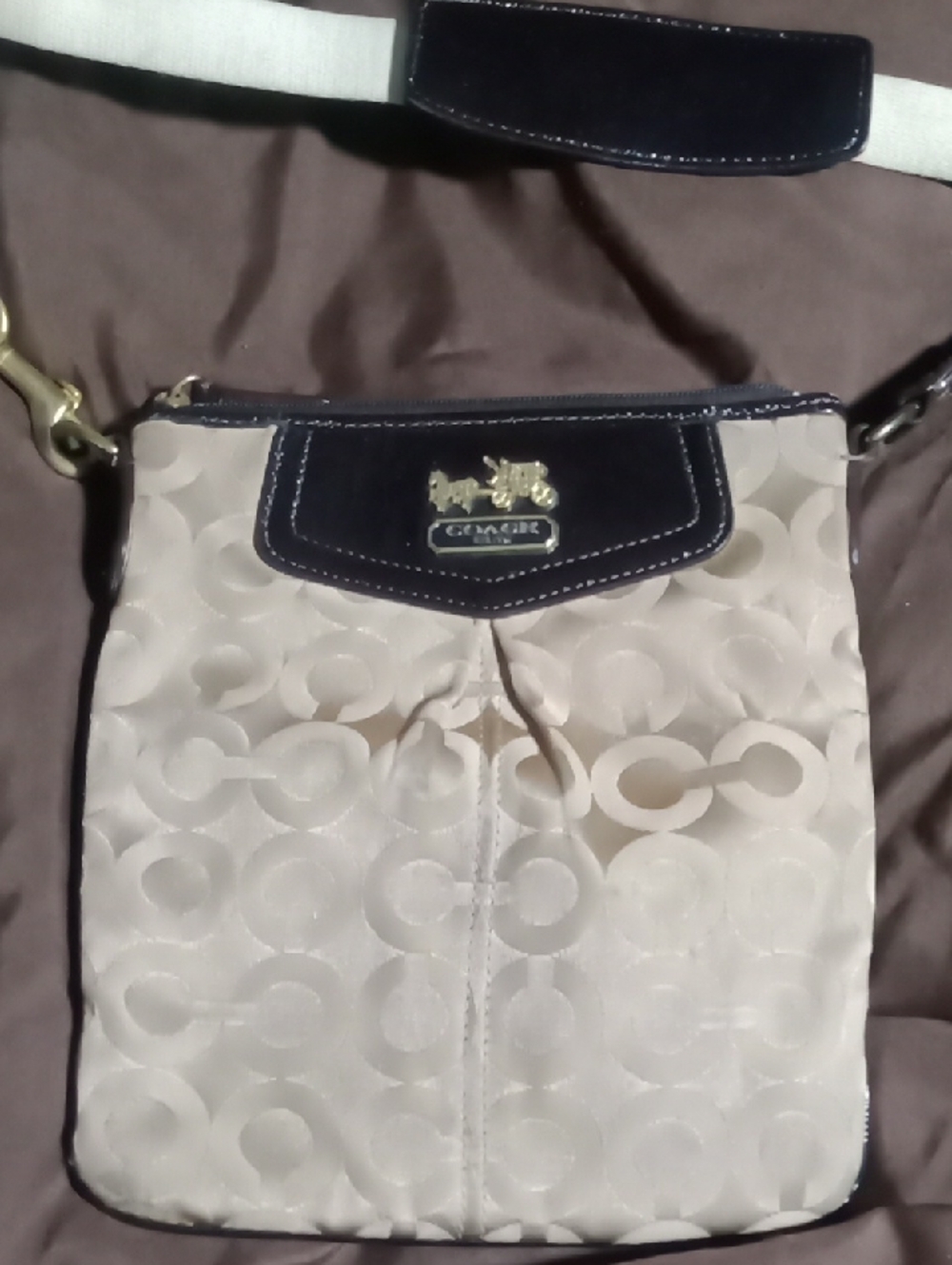 Coach Cream Signature Crossbody with Black Trim and Gold Hardware
